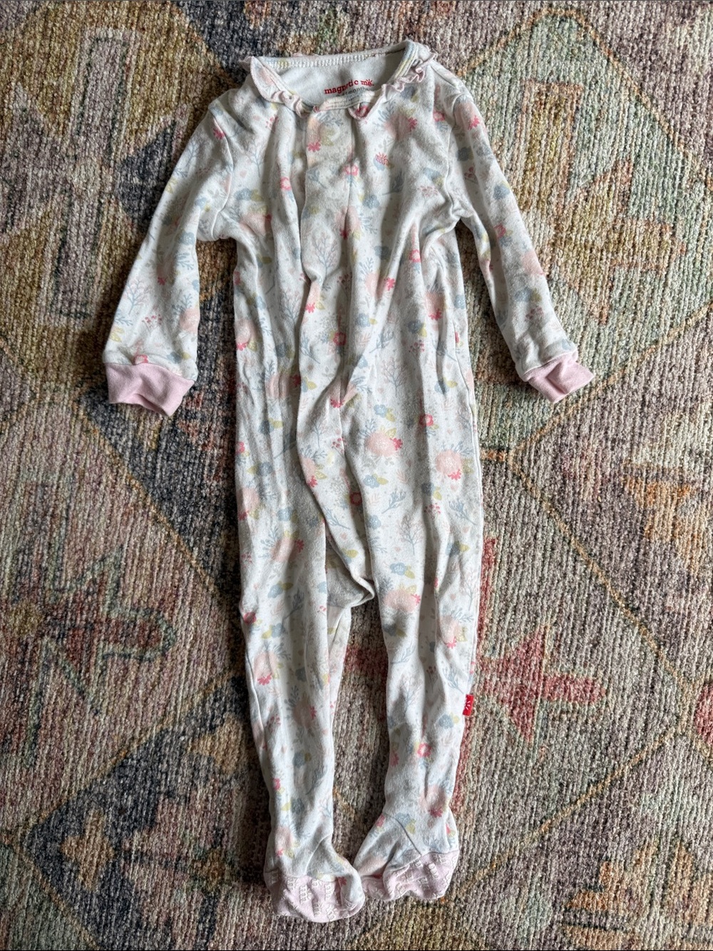 Magnetic Me Cream Floral Footed Baby One-Piece with Pink Accents